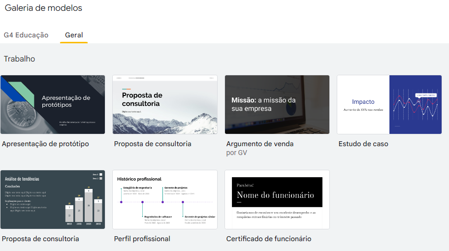 Google apresentações - Galeria de modelos
