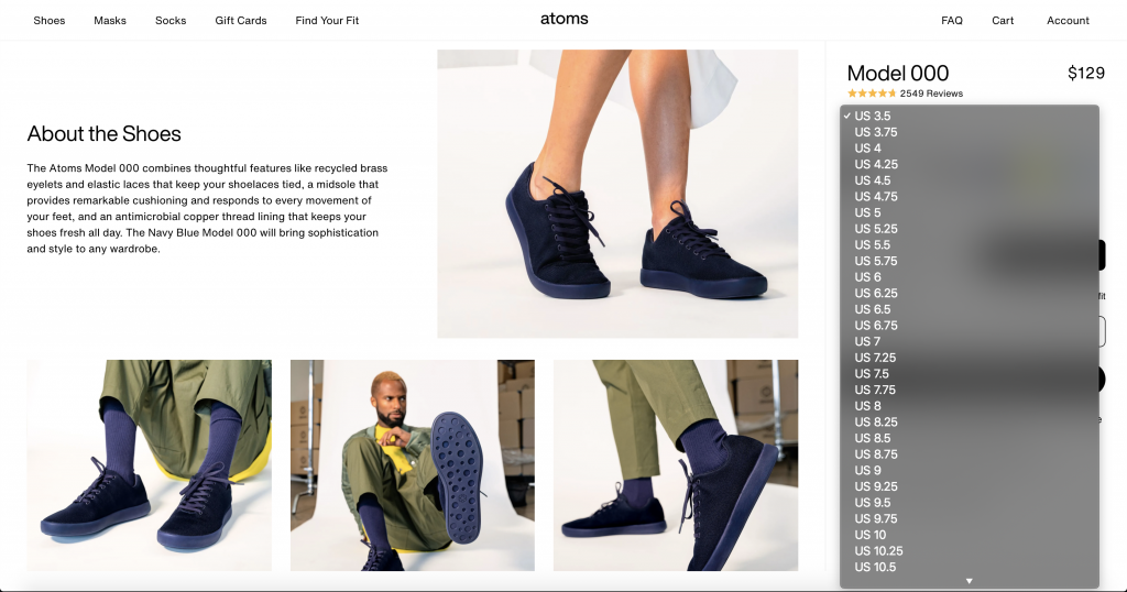 Site da Atoms Shoes mostrando exatamente os tipos de tamanhos não convencionais disponíveis