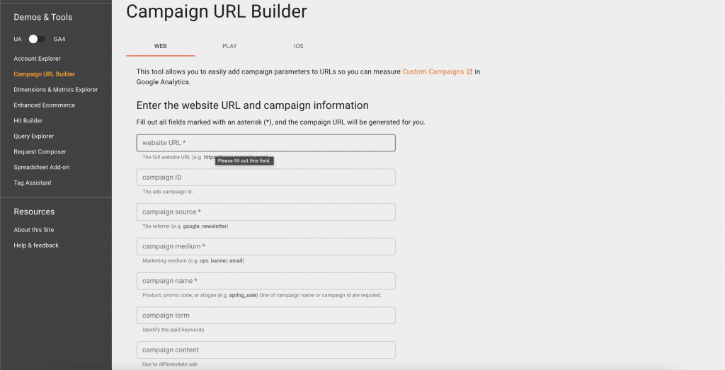 Screenshot da página de inicio do Google URL Builder