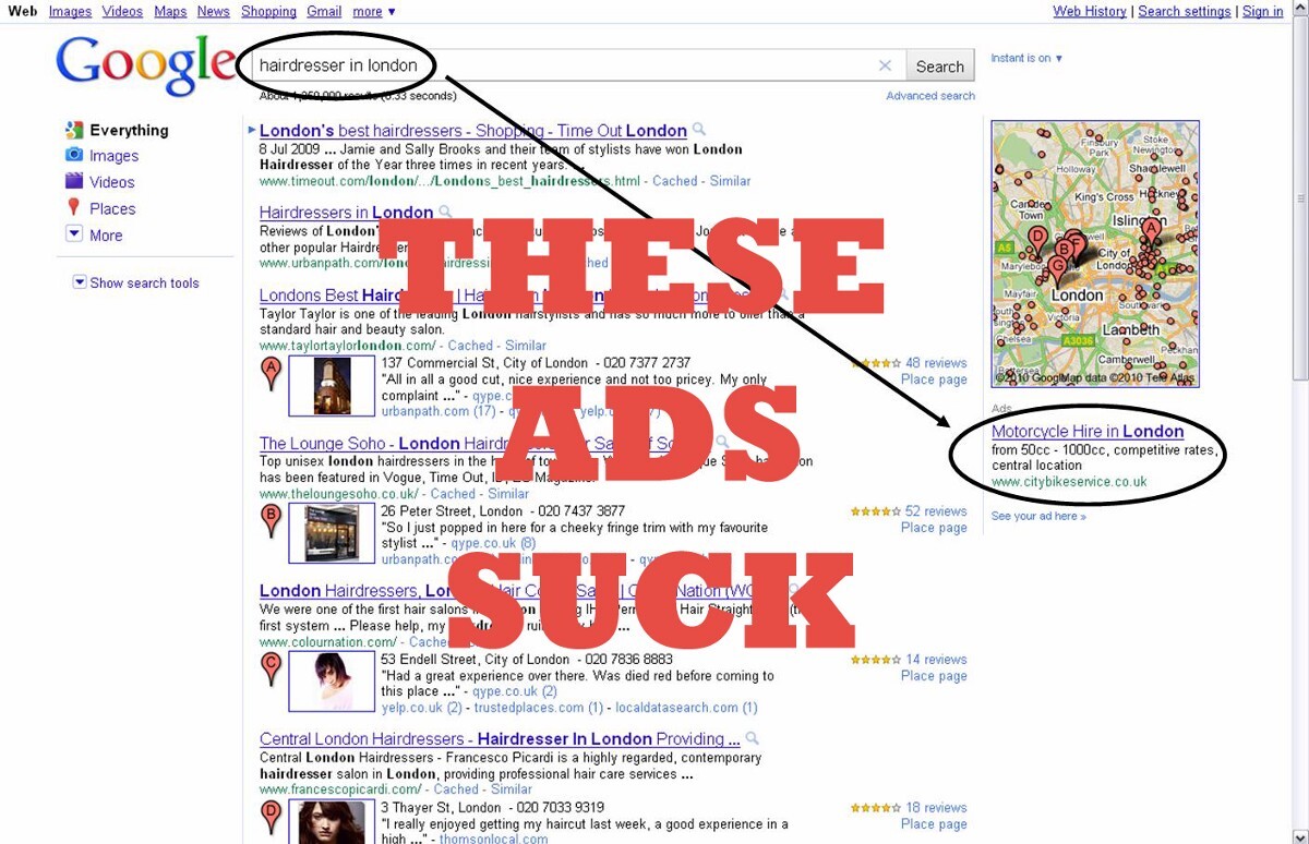 anúncio impresso de larry page em 2002, avisando que os anúncios mostrados estavam ruins