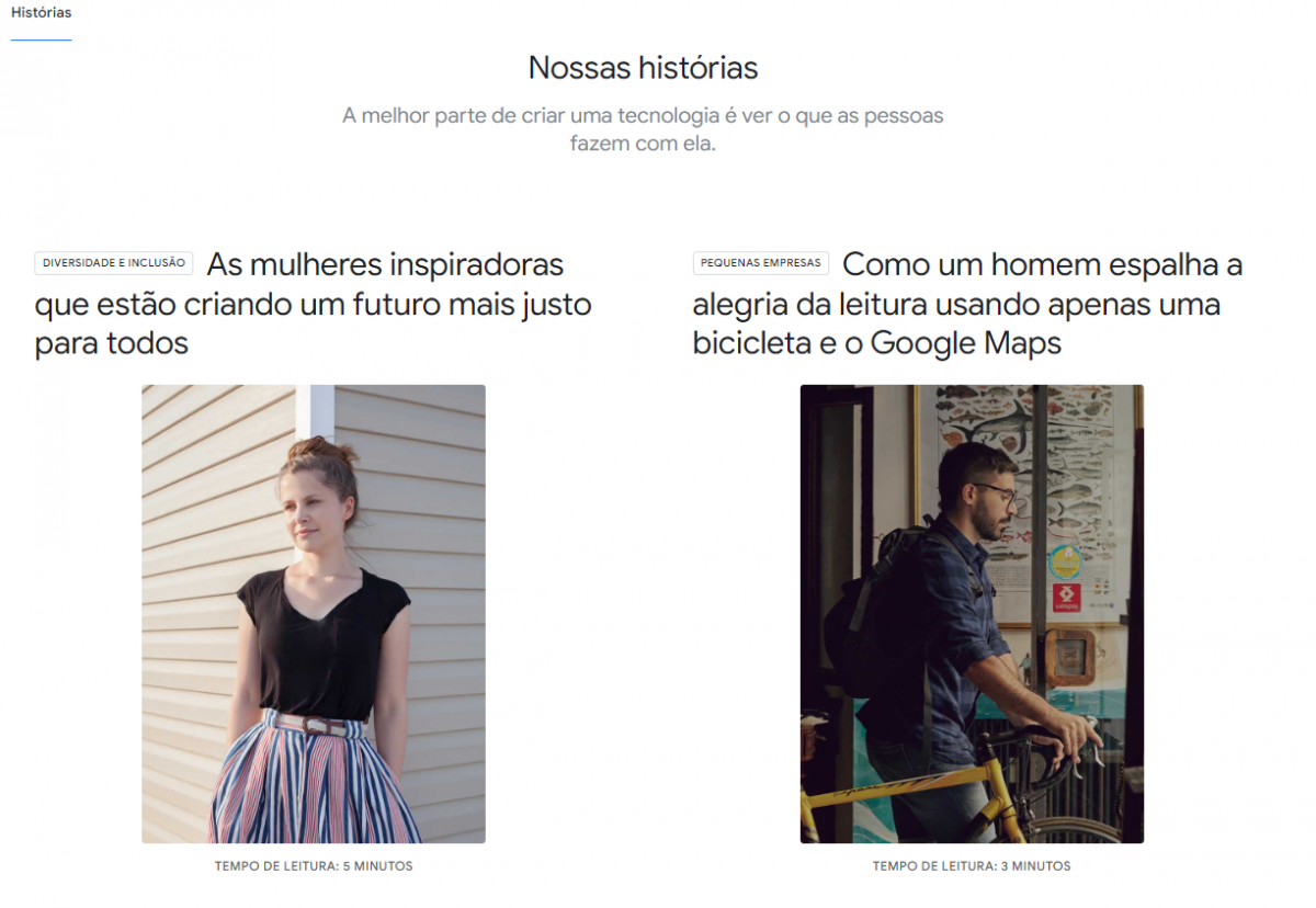 página do google que compartilham histórias de pessoas que foram impactadas positivamente pela tecnologia desenvolvida