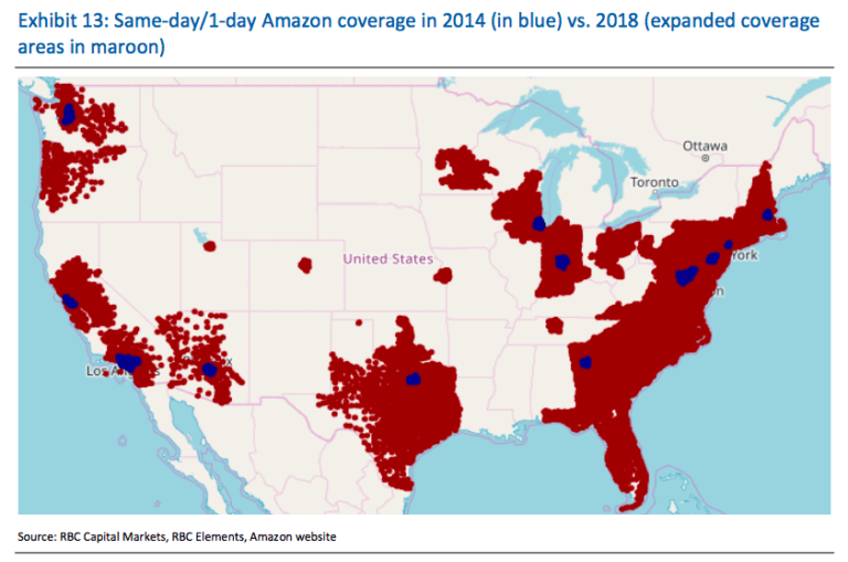 Mapa dos EUA mostrando um comparativo entre 2014 e 2018 com os estados que possuem entrega da Amazon para o mesmo dia ou para o dia seguinte.