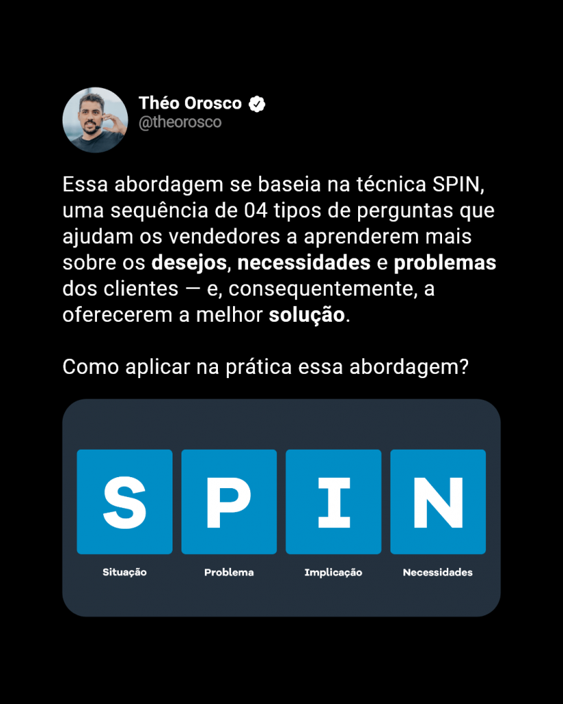 Representação de um tweet de Theo Orosco, mentor do G4 Educação, falando sobre a metodologia SPIN Selling.
