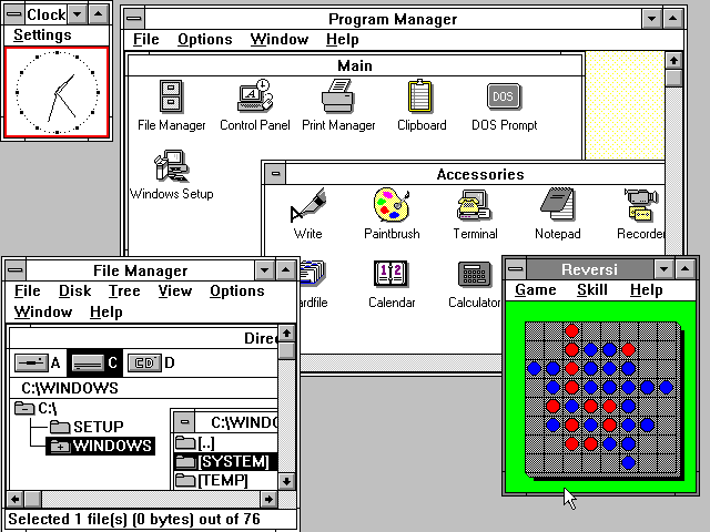 Interface do Windows 3.0, o pontapé inicial da família de sistema operacional.