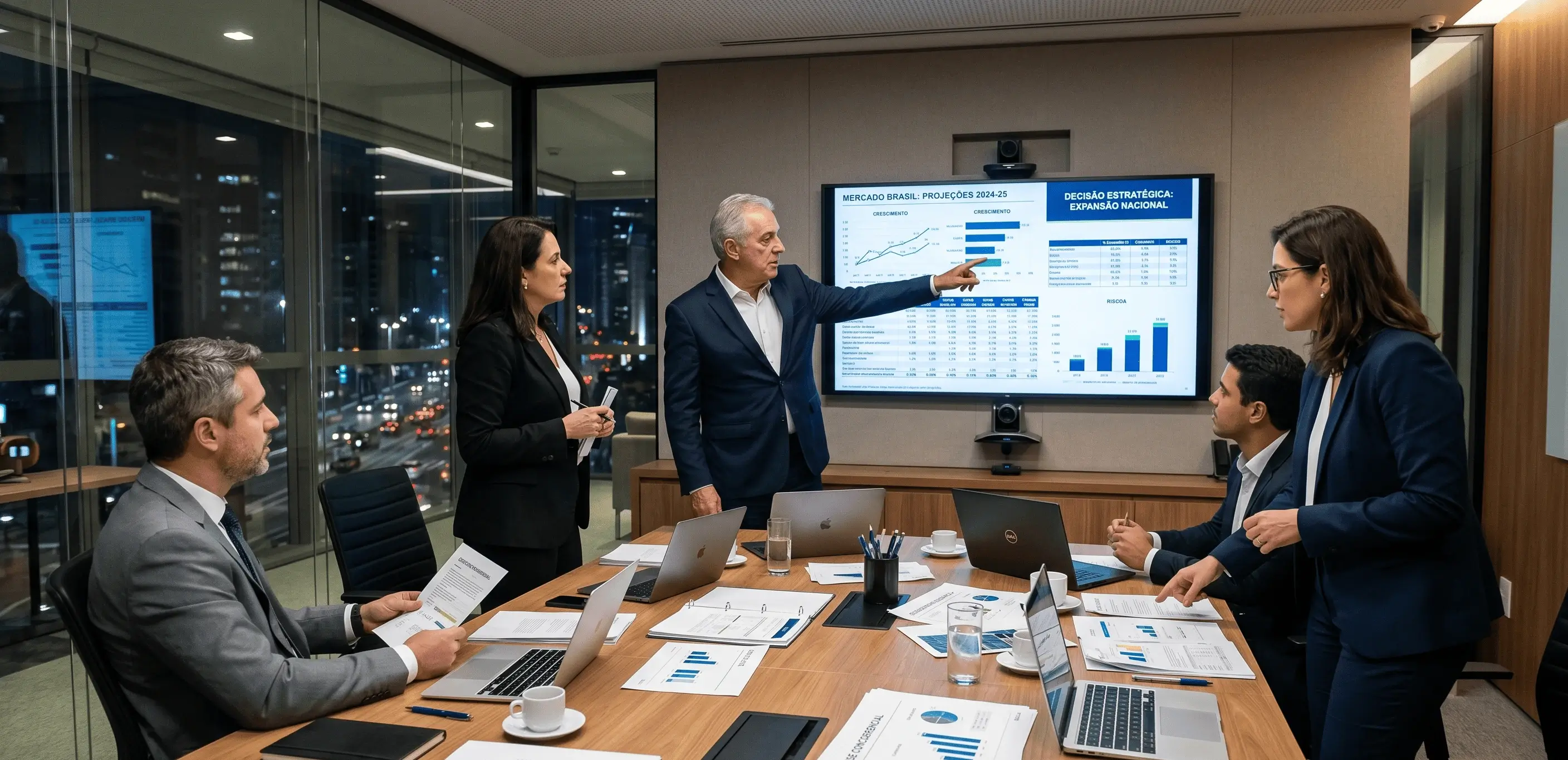 Executivos em reunião estratégica analisando projeções de crescimento orgânico e inorgânico em dashboard corporativo